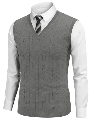 COOFANDY Men's Sweater Vest V Neck Slim Fit Cable Knitted Sleeveless Pullover Sweater - MODAZONE