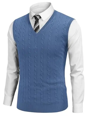 COOFANDY Men's Sweater Vest V Neck Slim Fit Cable Knitted Sleeveless Pullover Sweater 