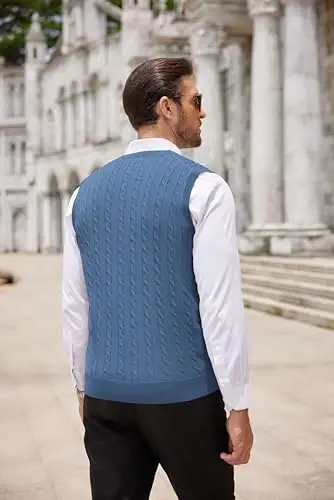 COOFANDY Men's Sweater Vest V Neck Slim Fit Cable Knitted Sleeveless Pullover Sweater - 4