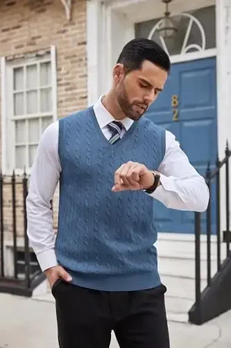 COOFANDY Men's Sweater Vest V Neck Slim Fit Cable Knitted Sleeveless Pullover Sweater - 3