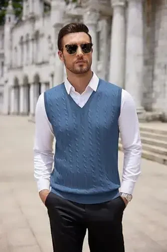 COOFANDY Men's Sweater Vest V Neck Slim Fit Cable Knitted Sleeveless Pullover Sweater - 6