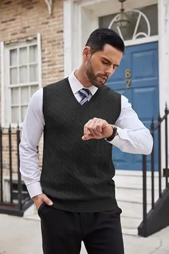 COOFANDY Men's Sweater Vest V Neck Slim Fit Cable Knitted Sleeveless Pullover Sweater - 3