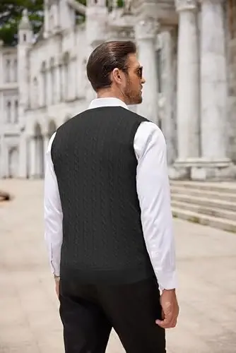 COOFANDY Men's Sweater Vest V Neck Slim Fit Cable Knitted Sleeveless Pullover Sweater - 4