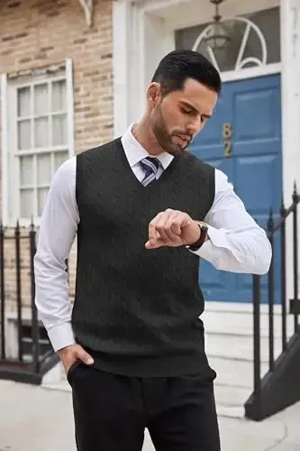 COOFANDY Men's Sweater Vest V Neck Slim Fit Cable Knitted Sleeveless Pullover Sweater - 3