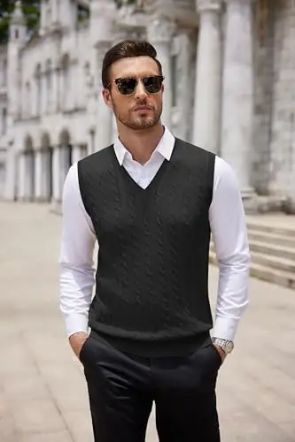 COOFANDY Men's Sweater Vest V Neck Slim Fit Cable Knitted Sleeveless Pullover Sweater - 6