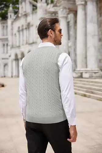 COOFANDY Men's Sweater Vest V Neck Slim Fit Cable Knitted Sleeveless Pullover Sweater - 4