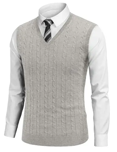 COOFANDY Men's Sweater Vest V Neck Slim Fit Cable Knitted Sleeveless Pullover Sweater - 1