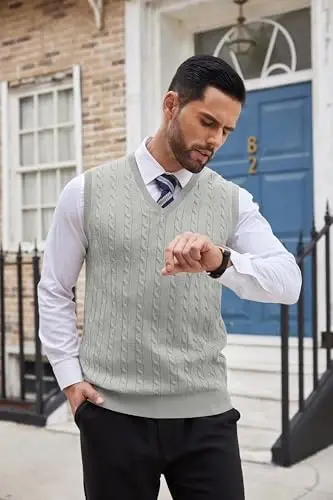 COOFANDY Men's Sweater Vest V Neck Slim Fit Cable Knitted Sleeveless Pullover Sweater - 3