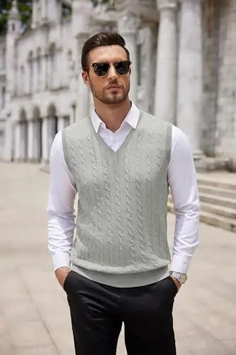 COOFANDY Men's Sweater Vest V Neck Slim Fit Cable Knitted Sleeveless Pullover Sweater - 6
