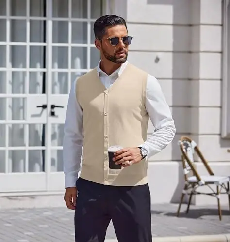 COOFANDY Men's Sweater Vest V Neck Casual Sleeveless Knitted Button Cardigan Vest - 2