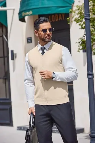 COOFANDY Men's Sweater Vest V Neck Casual Sleeveless Knitted Button Cardigan Vest - 6