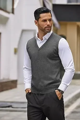 COOFANDY Men's Sweater Vest V Neck Casual Sleeveless Knitted Button Cardigan Vest - 2
