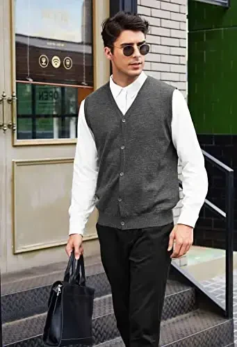 COOFANDY Men's Sweater Vest V Neck Casual Sleeveless Knitted Button Cardigan Vest - 6