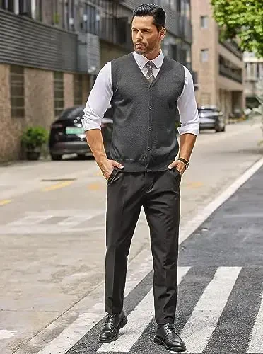 COOFANDY Men's Sweater Vest V Neck Casual Sleeveless Knitted Button Cardigan Vest - 3