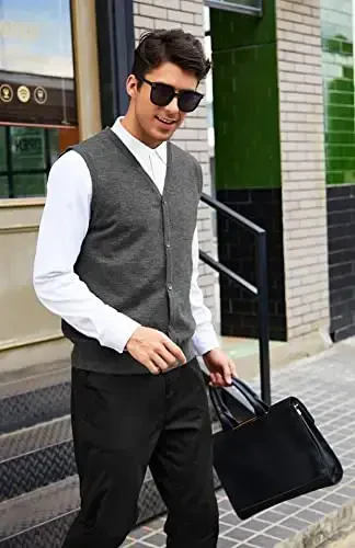 COOFANDY Men's Sweater Vest V Neck Casual Sleeveless Knitted Button Cardigan Vest - 4