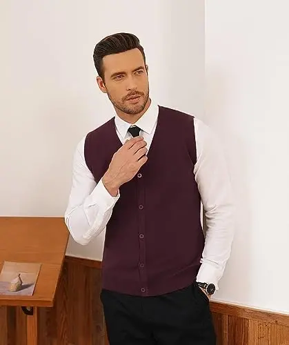 COOFANDY Men's Sweater Vest V Neck Casual Sleeveless Knitted Button Cardigan Vest - 6