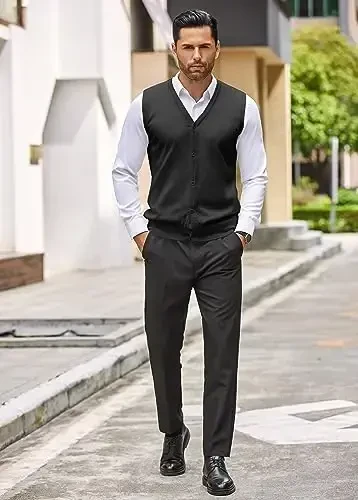 COOFANDY Men's Sweater Vest V Neck Casual Sleeveless Knitted Button Cardigan Vest - 4