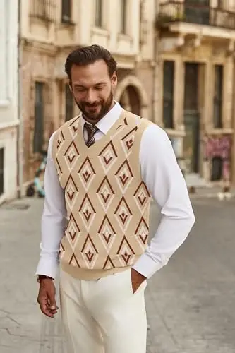 COOFANDY Men's Sweater Vest V Neck Sleeveless Sweater Slim Fit Casual Knitted Pullover Sweater - 4