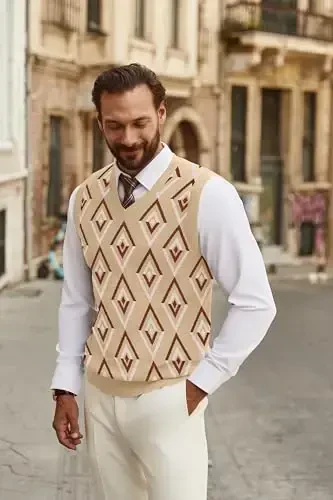 COOFANDY Men's Sweater Vest V Neck Sleeveless Sweater Slim Fit Casual Knitted Pullover Sweater - 4