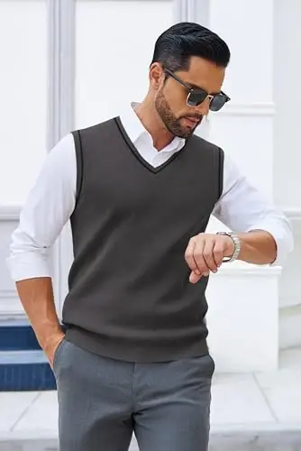 COOFANDY Men's Sweater Vest V Neck Sleeveless Sweater Slim Fit Casual Knitted Pullover Sweater - 5