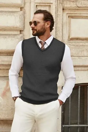 COOFANDY Men's Sweater Vest V Neck Sleeveless Sweater Slim Fit Casual Knitted Pullover Sweater - 4
