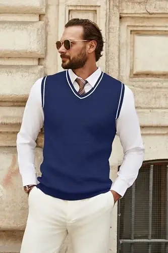 COOFANDY Men's Sweater Vest V Neck Sleeveless Sweater Slim Fit Casual Knitted Pullover Sweater - 3