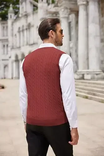 COOFANDY Men's Sweater Vest V Neck Slim Fit Cable Knitted Sleeveless Pullover Sweater - 4
