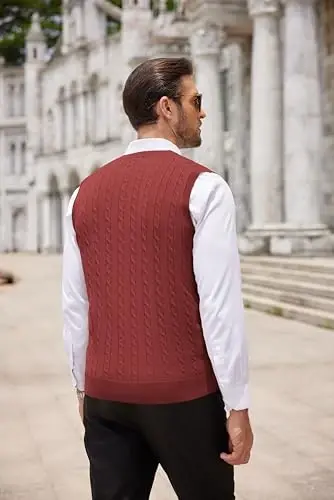 COOFANDY Men's Sweater Vest V Neck Slim Fit Cable Knitted Sleeveless Pullover Sweater - 4