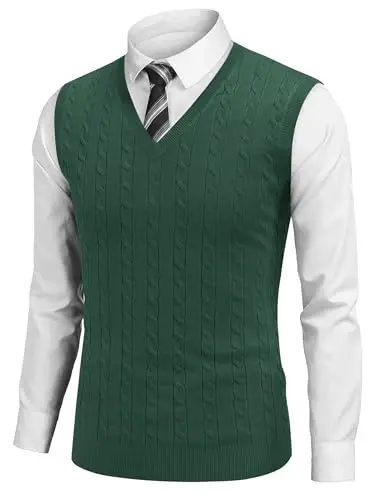 COOFANDY Men's Sweater Vest V Neck Slim Fit Cable Knitted Sleeveless Pullover Sweater - 1