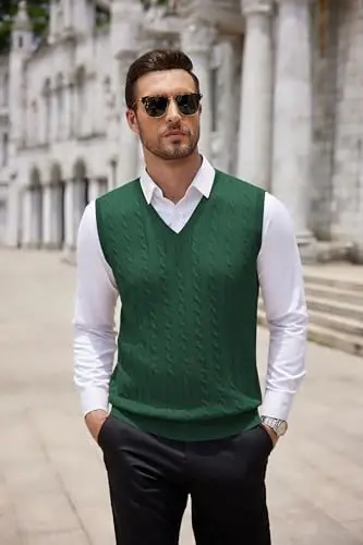 COOFANDY Men's Sweater Vest V Neck Slim Fit Cable Knitted Sleeveless Pullover Sweater - 6