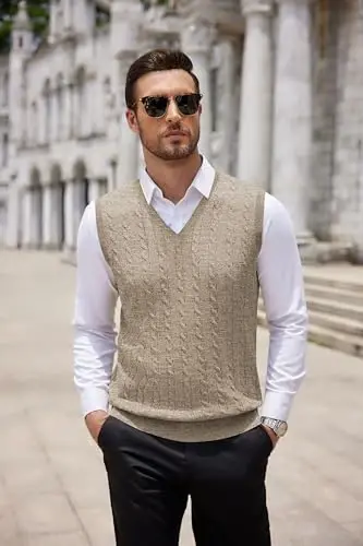 COOFANDY Men's Sweater Vest Cable Knitted V Neck Slim Fit Sleeveless Pullover Sweater - 6