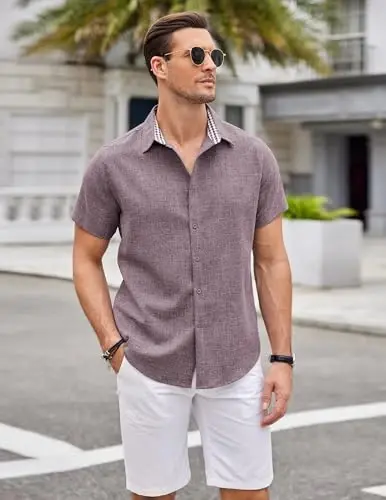 COOFANDY Mens Linen Shirt Casual Short Sleeve Button Down Shirts Summer Beach Vacation Tops - 3