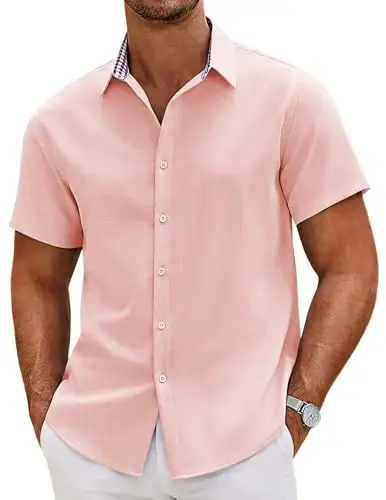 COOFANDY Mens Linen Shirt Casual Short Sleeve Button Down Shirts Summer Beach Vacation Tops - MODAZONE