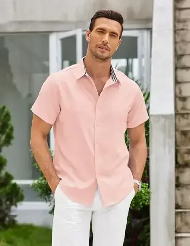 COOFANDY Mens Linen Shirt Casual Short Sleeve Button Down Shirts Summer Beach Vacation Tops - 3