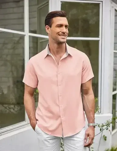 COOFANDY Mens Linen Shirt Casual Short Sleeve Button Down Shirts Summer Beach Vacation Tops - 4