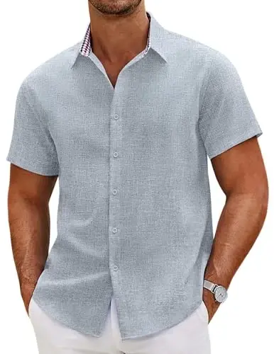 COOFANDY Mens Linen Shirt Casual Short Sleeve Button Down Shirts Summer Beach Vacation Tops 