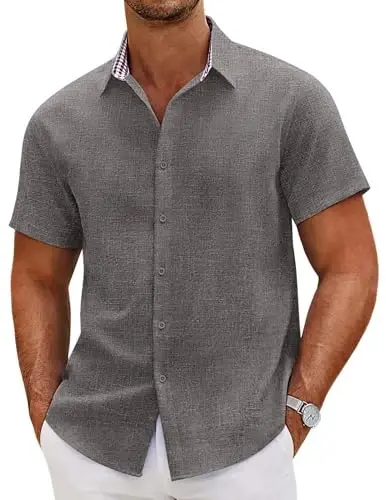 COOFANDY Mens Linen Shirt Casual Short Sleeve Button Down Shirts Summer Beach Vacation Tops 