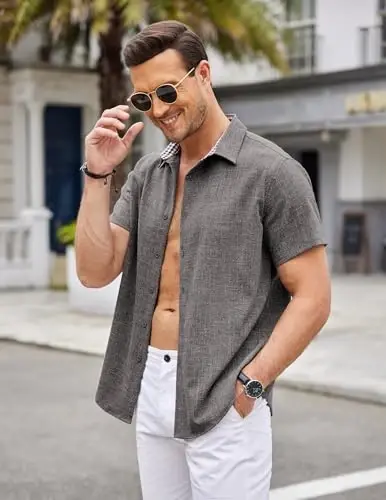 COOFANDY Mens Linen Shirt Casual Short Sleeve Button Down Shirts Summer Beach Vacation Tops - 4