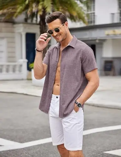 COOFANDY Mens Linen Shirt Casual Short Sleeve Button Down Shirts Summer Beach Vacation Tops - 5