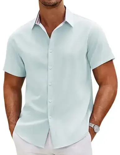COOFANDY Mens Linen Shirt Casual Short Sleeve Button Down Shirts Summer Beach Vacation Tops - MODAZONE