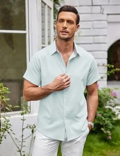 COOFANDY Mens Linen Shirt Casual Short Sleeve Button Down Shirts Summer Beach Vacation Tops - 4