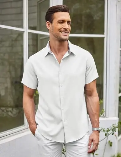 COOFANDY Mens Linen Shirt Casual Short Sleeve Button Down Shirts Summer Beach Vacation Tops - 3