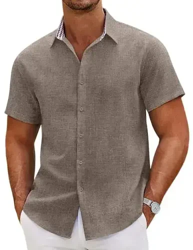 COOFANDY Mens Linen Shirt Casual Short Sleeve Button Down Shirts Summer Beach Vacation Tops - COOFANDY