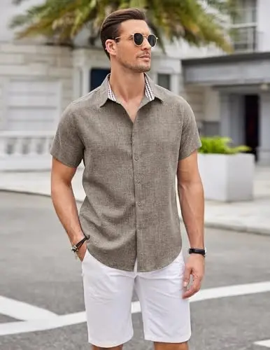 COOFANDY Mens Linen Shirt Casual Short Sleeve Button Down Shirts Summer Beach Vacation Tops - 3