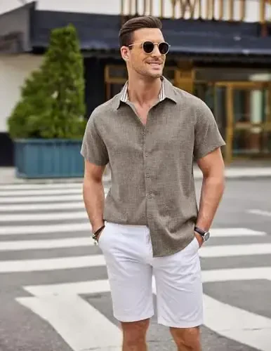 COOFANDY Mens Linen Shirt Casual Short Sleeve Button Down Shirts Summer Beach Vacation Tops - 4