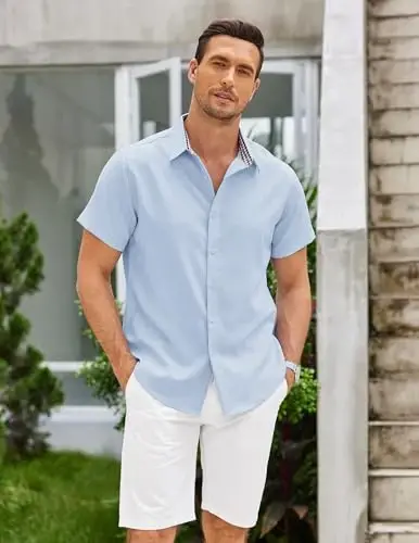COOFANDY Mens Linen Shirt Casual Short Sleeve Button Down Shirts Summer Beach Vacation Tops - 4