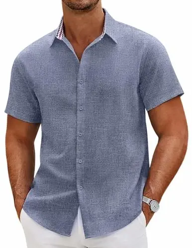 COOFANDY Mens Linen Shirt Casual Short Sleeve Button Down Shirts Summer Beach Vacation Tops - MODAZONE