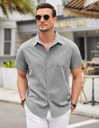 COOFANDY Mens Linen Shirt Casual Short Sleeve Button Down Shirts Summer Beach Vacation Tops - 3
