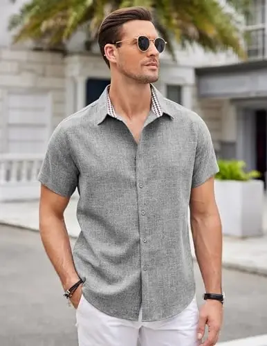 COOFANDY Mens Linen Shirt Casual Short Sleeve Button Down Shirts Summer Beach Vacation Tops - 4