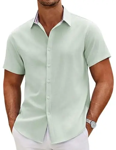 COOFANDY Mens Linen Shirt Casual Short Sleeve Button Down Shirts Summer Beach Vacation Tops - COOFANDY